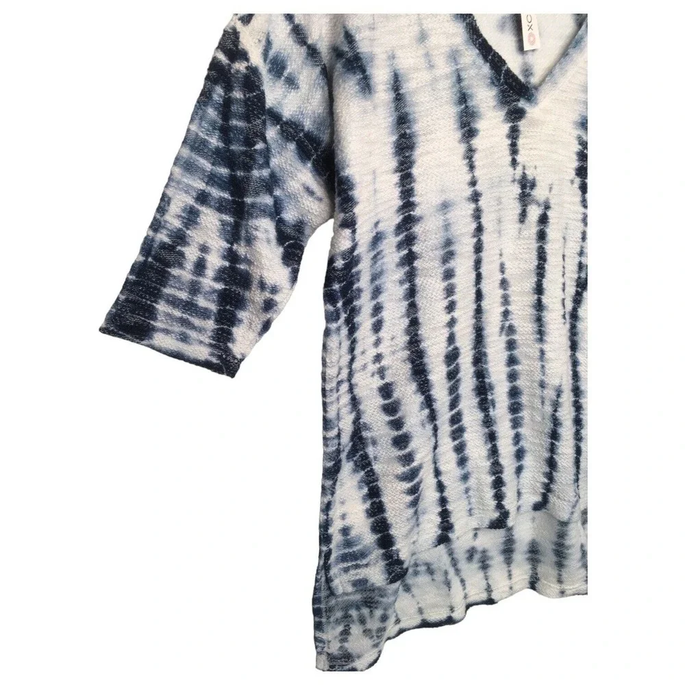 New XCVI Top Womens L Tie Dye Tunic Boho V Neck Short Sleeve Textured Knit Blue - Picture 11 of 14